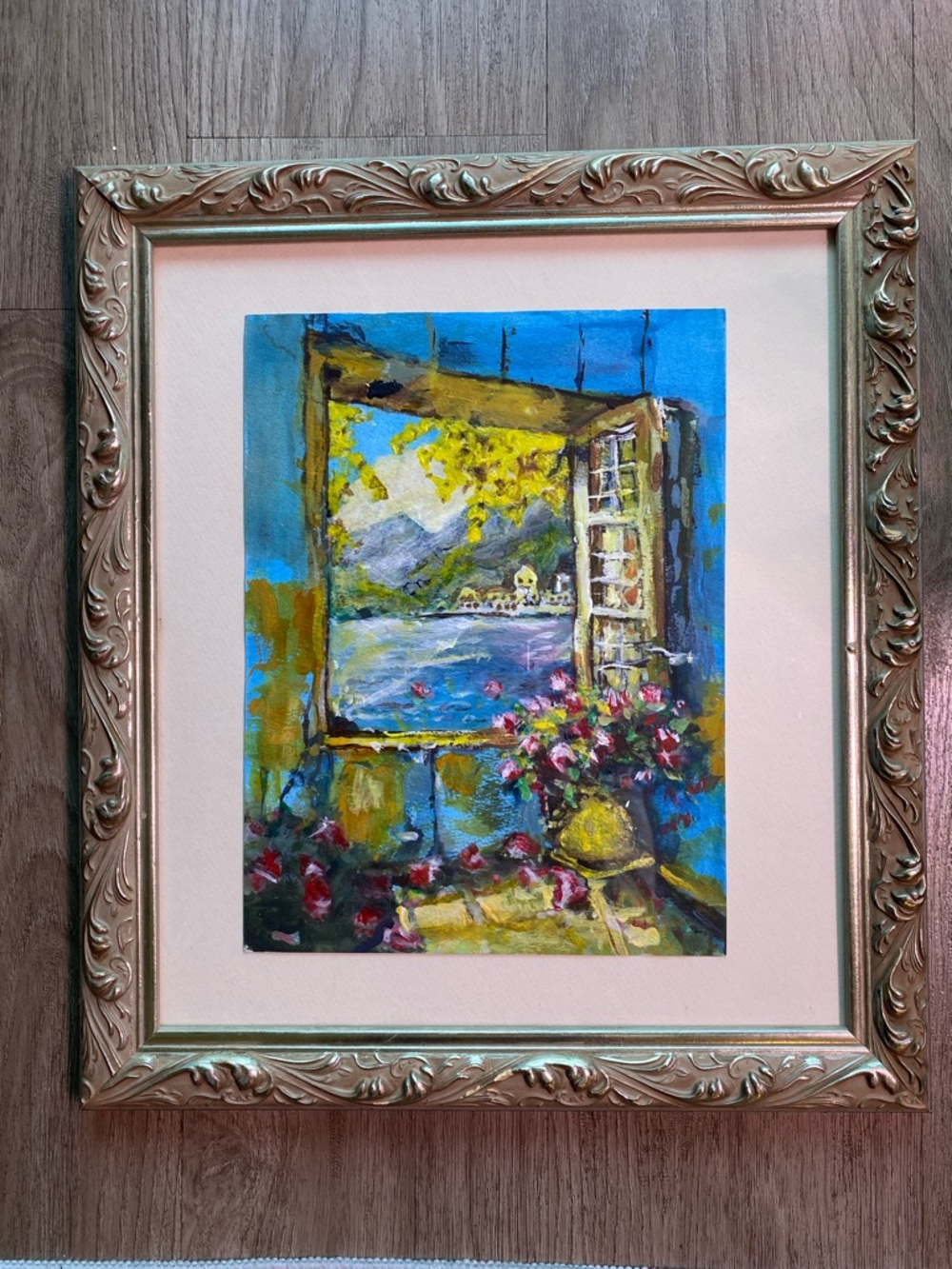 Hand-painted framed window view - original art